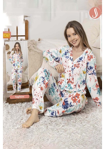 Kadın Çiçek Desen Düğmeli Saphire Pijama Takımı 0367 Ekru