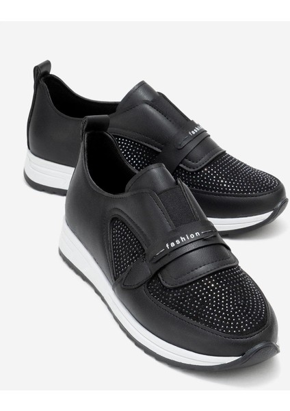 Taşlı Lastikli Kadın Günlük Ayakkabı Siyah Beyaz