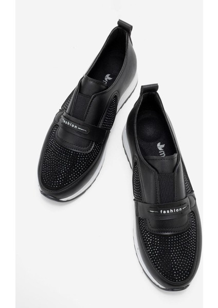 Taşlı Lastikli Kadın Günlük Ayakkabı Siyah Beyaz indirimleri