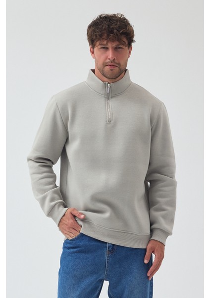 Erkek Oversize Yarım Fermuarlı Içi Polarlı Yumuşak Dokulu %100 Pamuk Sweatshirt