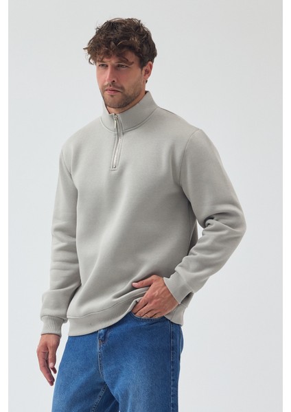 Erkek Oversize Yarım Fermuarlı Içi Polarlı Yumuşak Dokulu %100 Pamuk Sweatshirt