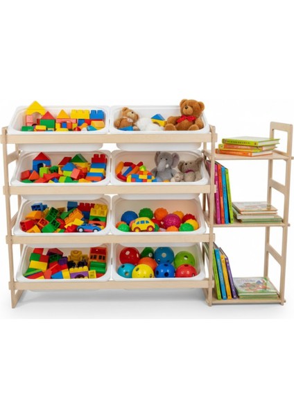 4 + 3 Raflı 8 Sepetli Kitaplıklı Oyuncak Dolabı 119X80X30 cm - Çocuk Odası, Oyun Odası, Kreş