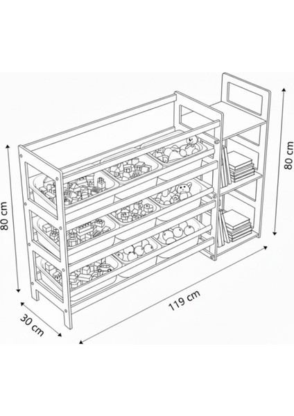 4 + 3 Raflı 8 Sepetli Kitaplıklı Oyuncak Dolabı 119X80X30 cm - Çocuk Odası, Oyun Odası, Kreş indirimleri