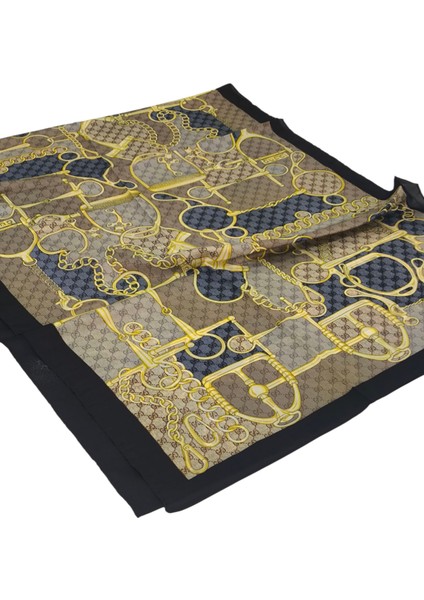 Vual Ipek Şal G Baskılı Kemerli Desen Siyah Kot Mavisi