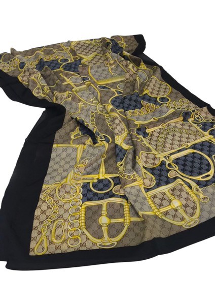 Vual Ipek Şal G Baskılı Kemerli Desen Siyah Kot Mavisi fiyatları