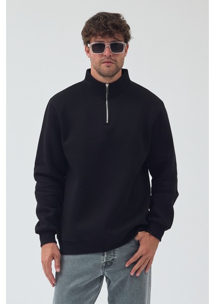 Erkek Oversize Yarım Fermuarlı Içi Polarlı Yumuşak Dokulu %100 Pamuk Sweatshirt