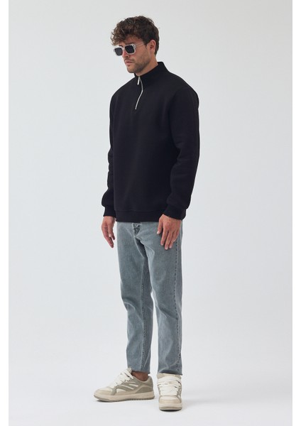 Erkek Oversize Yarım Fermuarlı Içi Polarlı Yumuşak Dokulu %100 Pamuk Sweatshirt