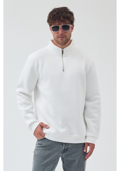 Erkek Oversize Yarım Fermuarlı Içi Polarlı Yumuşak Dokulu %100 Pamuk Sweatshirt