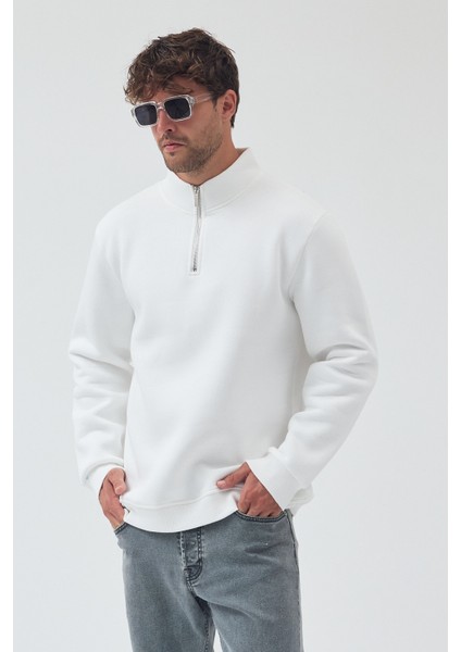 Erkek Oversize Yarım Fermuarlı Içi Polarlı Yumuşak Dokulu %100 Pamuk Sweatshirt