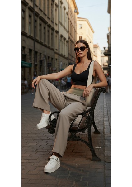 Yüksek Bel Geniş Paça Pamuklu Lastikli Kadın Pantolon