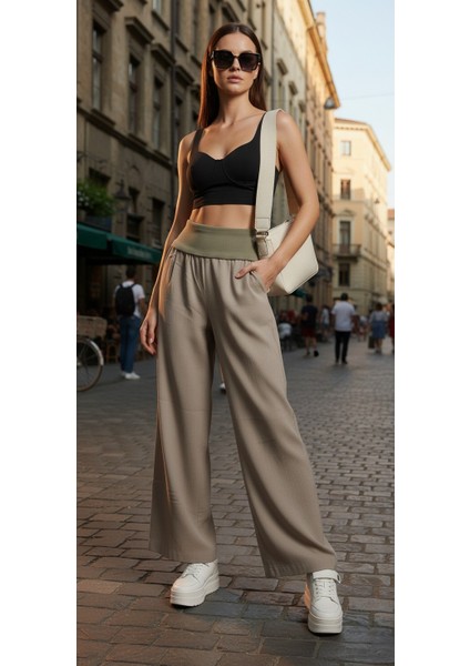 Yüksek Bel Geniş Paça Pamuklu Lastikli Kadın Pantolon fiyatları