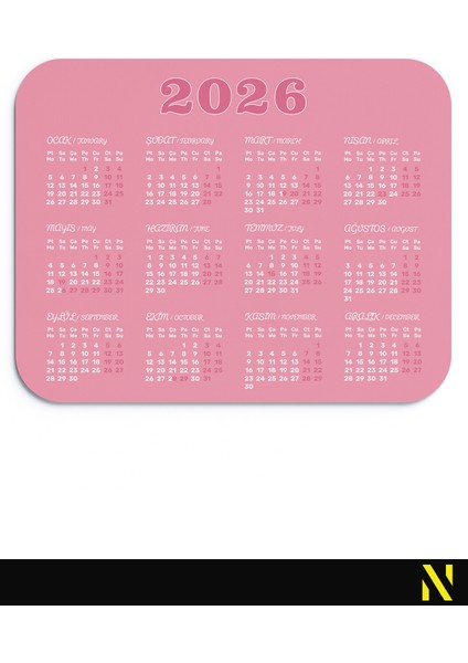 2026 Takvimli Pembe Renkli Ergonomik Mouse Pad - 23 cm X19 cm - Kaydırmaz Taban Ev ve Ofis Kullanımı Için Ideal Fare Altlığı Mousepad