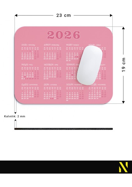 2026 Takvimli Pembe Renkli Ergonomik Mouse Pad - 23 cm X19 cm - Kaydırmaz Taban Ev ve Ofis Kullanımı Için Ideal Fare Altlığı Mousepad