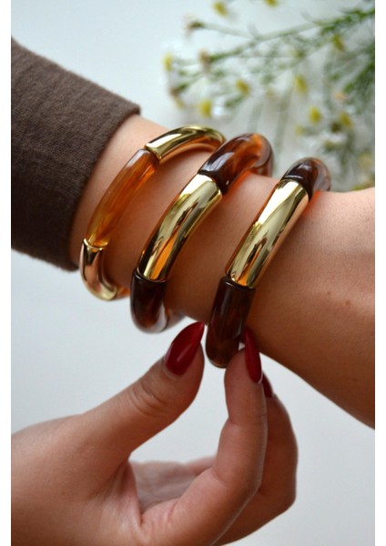 Kehribar Kahve & Gold Vintage Bombeli Bileklik Seti (3'lü)