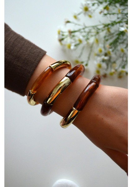 Kehribar Kahve & Gold Vintage Bombeli Bileklik Seti (3'lü)
