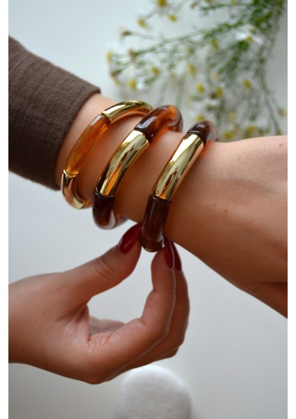 Kehribar Kahve & Gold Vintage Bombeli Bileklik Seti (3'lü)