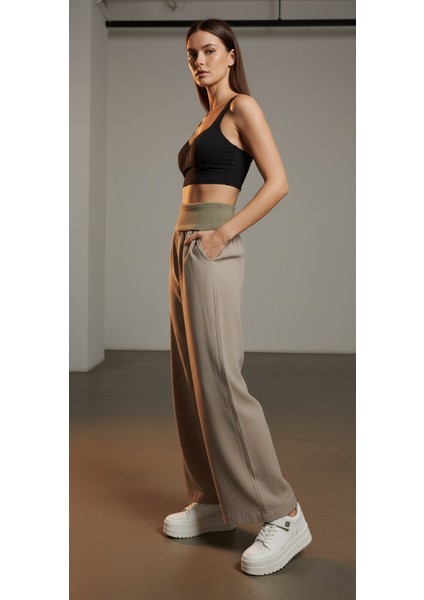 Yüksek Bel Geniş Paça Pamuklu Lastikli Kadın Pantolon modelleri