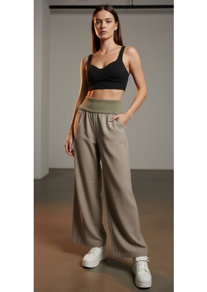 Yüksek Bel Geniş Paça Pamuklu Lastikli Kadın Pantolon fırsatları