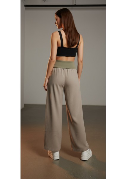Yüksek Bel Geniş Paça Pamuklu Lastikli Kadın Pantolon indirimleri
