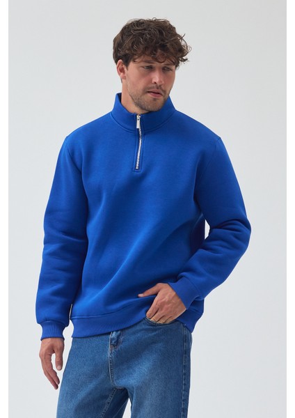 Erkek Oversize Yarım Fermuarlı Içi Polarlı Yumuşak Dokulu %100 Pamuk Sweatshirt