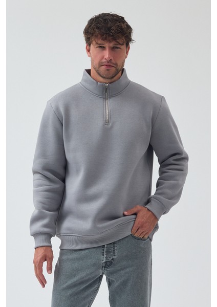 Erkek Oversize Yarım Fermuarlı Içi Polarlı Yumuşak Dokulu %100 Pamuk Sweatshirt