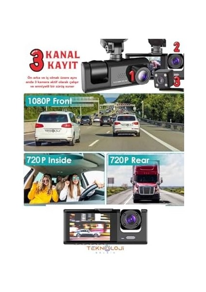 1080P Cam Full Hd Araç Içi Kamera Ön Arka ve Iç Kayıt 3 Kamera Gece Görüşlü G Sensör Geniş Açı fiyatları