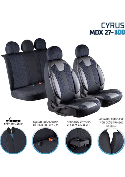 Volvo XC70 Deri Detaylı Oto Koltuk Kılıfı Ön Arka Set Cyrus Seri Siyah Mavi Scr modelleri