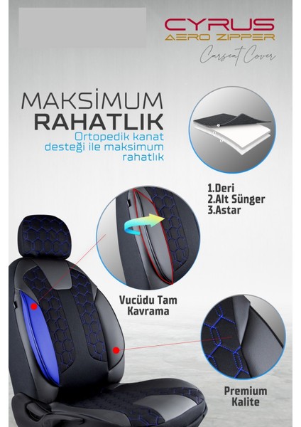 Chevrolet Lacetti Deri Detaylı Oto Koltuk Kılıfı Ön Arka Set Cyrus Seri Siyah Mavi Scr