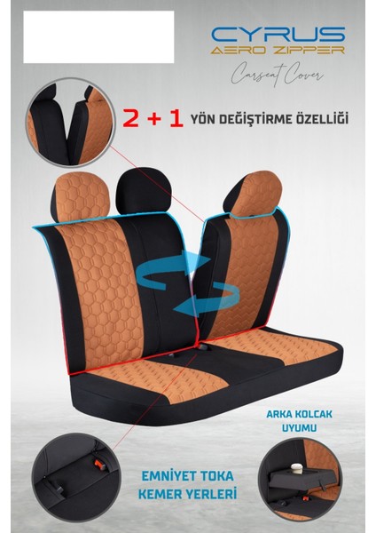 Volvo XC70 Deri Detaylı Oto Koltuk Kılıfı Ön Arka Set Cyrus Seri Tarçın Scr