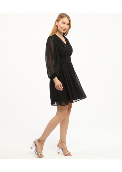 Kruvaze Yaka Korsajlı Büzgülü Şifon Elbise fiyatları