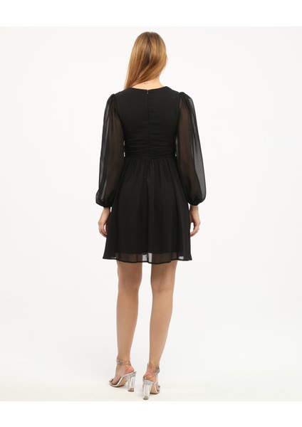 Kruvaze Yaka Korsajlı Büzgülü Şifon Elbise modelleri