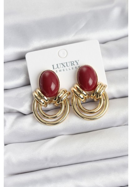 Pirinç Gold Renk Bordo Taşlı Vintage Kadın Küpe - Lisinya