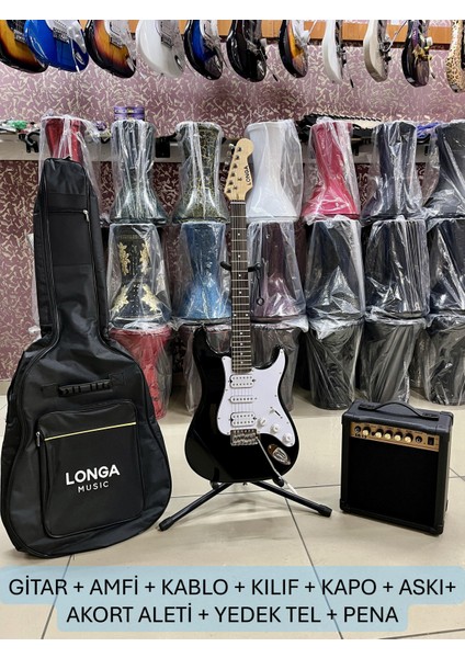 2 Humbucker 1 Sıngle Siyah Elektro Gitar Seti 15 Watt Amfi Kılıf Dahil