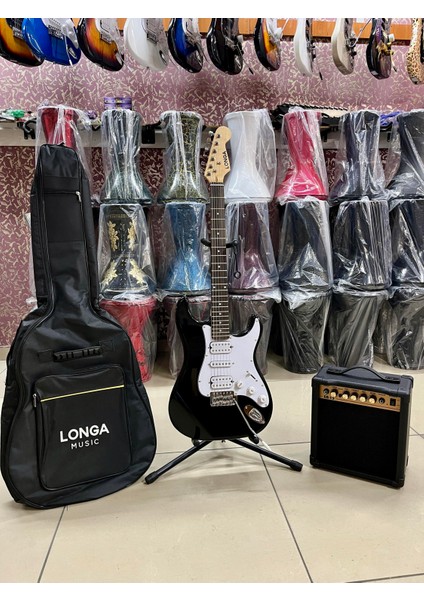 2 Humbucker 1 Sıngle Siyah Elektro Gitar Seti 15 Watt Amfi Kılıf Dahil modelleri