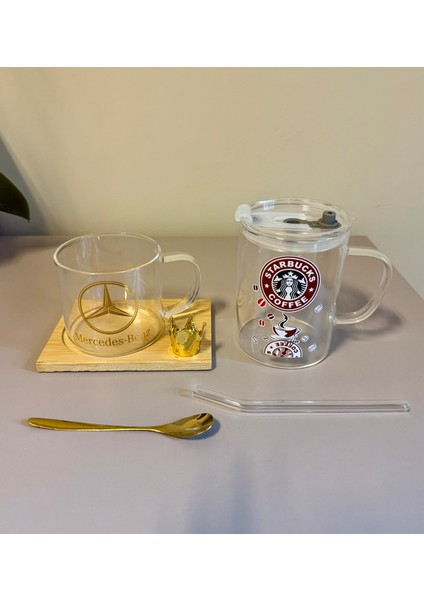 Mercedes ve Starbucks Amblemli 2’li Özel Kupa Bardak Seti-Termos Kapak ve Cam Pipet