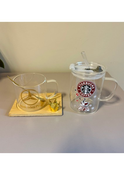 Mercedes ve Starbucks Amblemli 2’li Özel Kupa Bardak Seti-Termos Kapak ve Cam Pipet modelleri