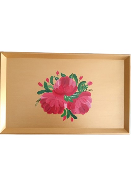 Altın Varaklı El Boyaması Gül Desenli Ahşap Nişan/sunum Tepsisi