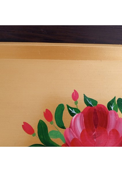 Altın Varaklı El Boyaması Gül Desenli Ahşap Nişan/sunum Tepsisi fırsatları