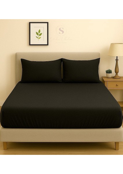 Siyah Çift Kişilik Çarşaf+Yastık Seti %100 Pamuk