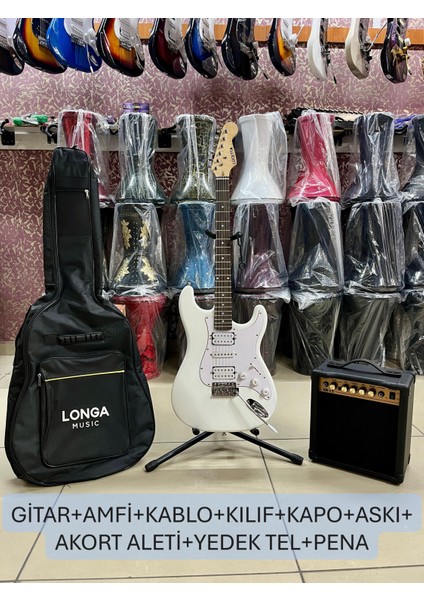 2 Humbucker 1 Sıngle Beyaz Elektro Gitar Seti 15 Watt Amfi Kılıf Dahil