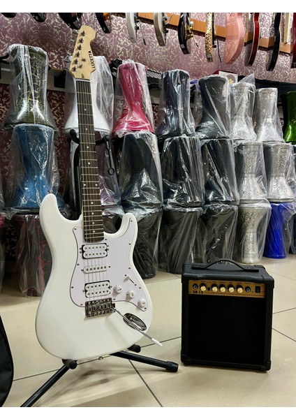 2 Humbucker 1 Sıngle Beyaz Elektro Gitar Seti 15 Watt Amfi Kılıf Dahil fiyatları