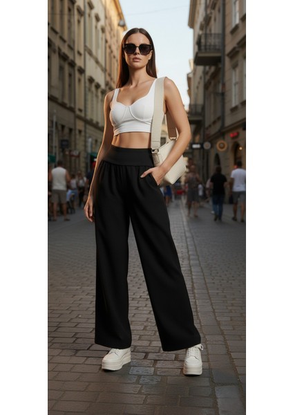 Yüksek Bel Geniş Paça Pamuklu Lastikli Kadın Pantolon