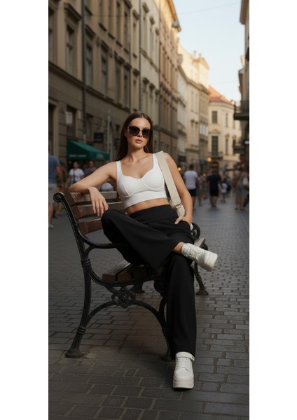 Yüksek Bel Geniş Paça Pamuklu Lastikli Kadın Pantolon fiyatları