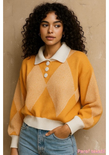 Kadın Baklava Desen Portakal Turuncu Oversize Triko Kazak