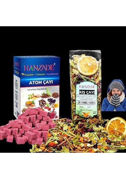 Hanzade Bitkisel Kış Çayı 200 gr + Atom Çayı 150 gr Kış Seti Propolisli - C Vitaminli - Kara Mürverli Zengin Içerikli modelleri