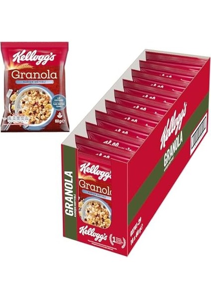 Kellogg's Granola Karışık Meyveli 60 gr X10 Adet,%45 Yulaf Içerir,lif Kaynağı,antioksidan Içerir,%20 Kurutulmuş Meyve,üzüm,hindistan Cevizi Cipsi,muz Cipsi,turna Yemişi,çıtır Elma,kahvaltılık Gevrek modelleri