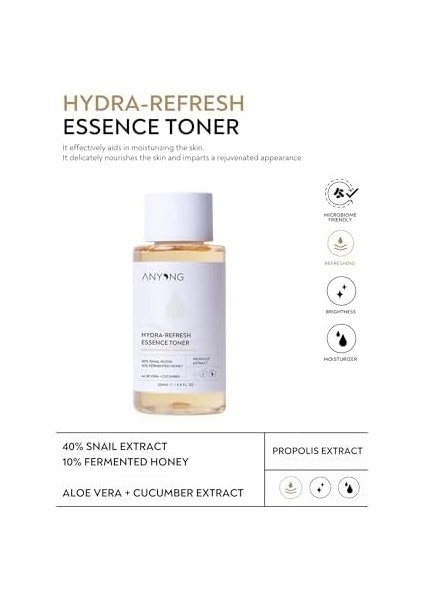 Anyong Aydınlatıcı, Nemlendirici ve Tazeleyici Tonik 200 ml (%40 Salyangoz Özü& Bal & Propolis & Aloe Vera)