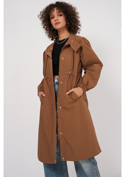 5939 Astarlı Uzun Trençkot - Taba