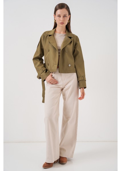 Kadın Kemerli Kısa Trençkot 5970 - Haki fiyatları