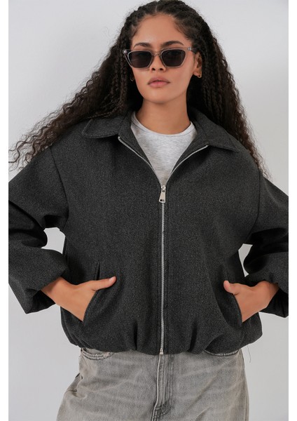 Kadın Büzgülü Oversize Kaşe Ceket 0728 - Antrasit